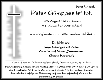 Traueranzeige von Peter Gümpges von Tageszeitung