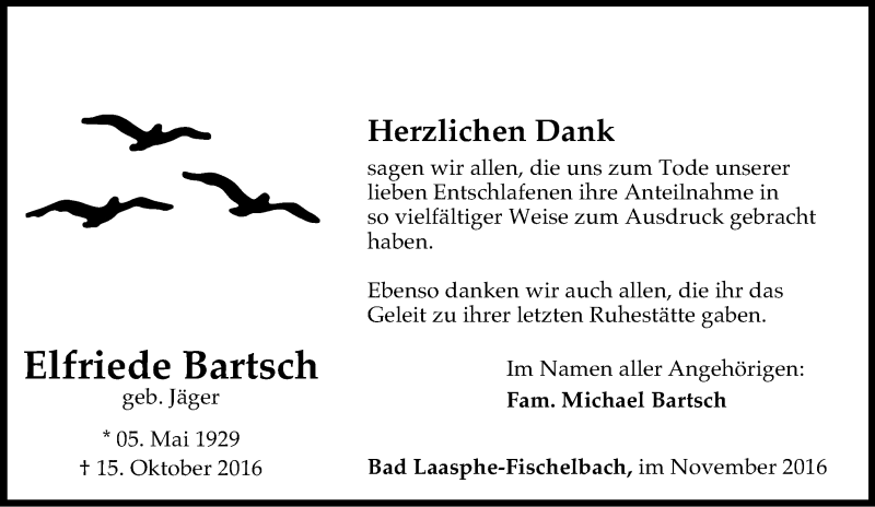  Traueranzeige für Elfriede Bartsch vom 12.11.2016 aus Tageszeitung
