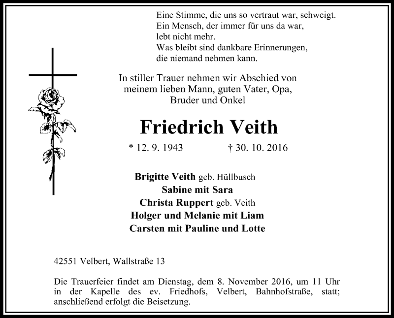  Traueranzeige für Friedrich Veith vom 05.11.2016 aus Tageszeitung