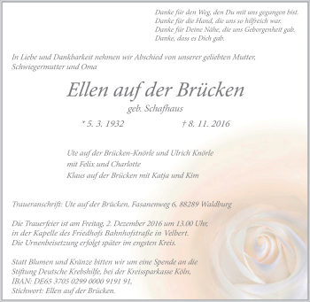 Traueranzeige von Ellen auf der Brücken von Tageszeitung