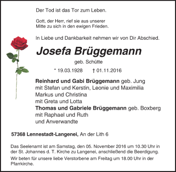 Traueranzeige von Josefa Brüggemann von Tageszeitung