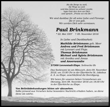 Traueranzeige von Paul Brinkmann von Tageszeitung