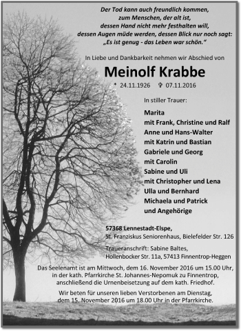Traueranzeige von Meinolf Krabbe von Tageszeitung