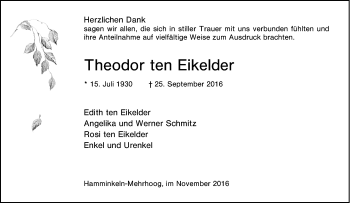 Traueranzeige von Theodor ten Eikelder von Tageszeitung