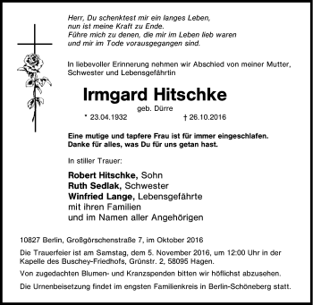 Traueranzeige von Irmgard Hitschke von Tageszeitung