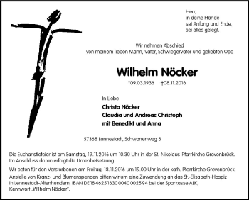 Traueranzeige von Wilhelm Nöcker von Tageszeitung