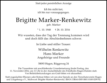 Traueranzeige von Brigitte Marker-Renkewitz von Tageszeitung