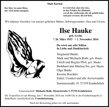 Traueranzeige von Ilse Hauke von Tageszeitung