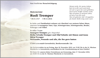 Traueranzeige von Rudi Tremper von Tageszeitung