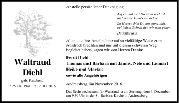 Traueranzeige von Waltraud Diehl von Tageszeitung