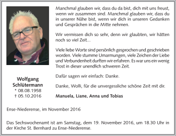 Traueranzeige von Wolfgang Schlütermann von Tageszeitung