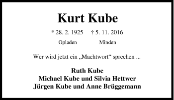Traueranzeige von Kurt Kube von Tageszeitung