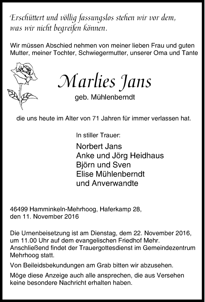  Traueranzeige für Marlies Jans vom 16.11.2016 aus Tageszeitung