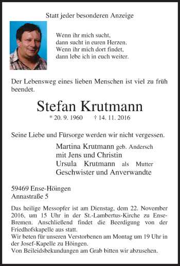 Traueranzeige von Stefan Krutmann von Tageszeitung