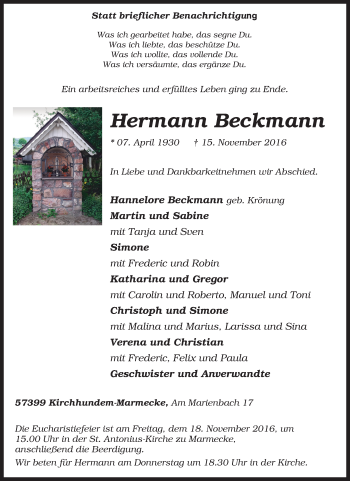 Traueranzeige von Hermann Beckmann von Tageszeitung