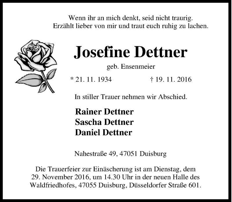  Traueranzeige für Josefine Dettner vom 26.11.2016 aus Tageszeitung