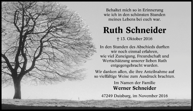  Traueranzeige für Werner Schneider vom 12.11.2016 aus Tageszeitung