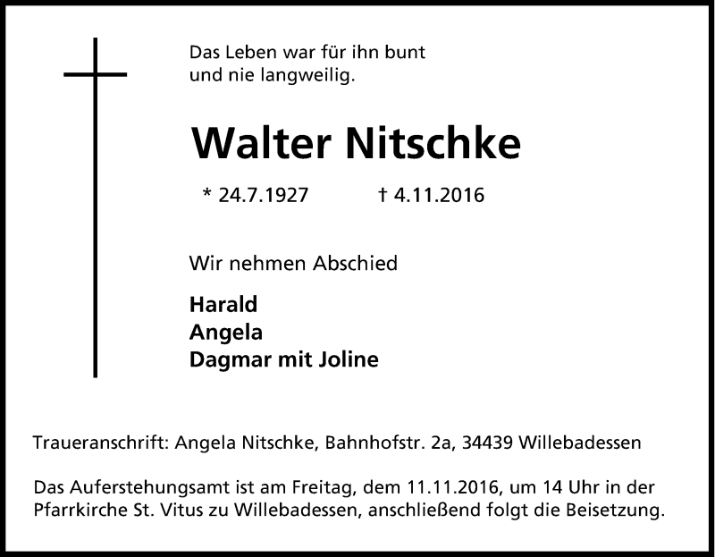  Traueranzeige für Walter Nitschke vom 09.11.2016 aus Tageszeitung