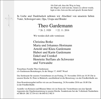 Traueranzeige von Theo Gardemann von Tageszeitung