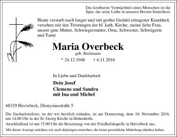 Traueranzeige von Maria Overbeck von Tageszeitung
