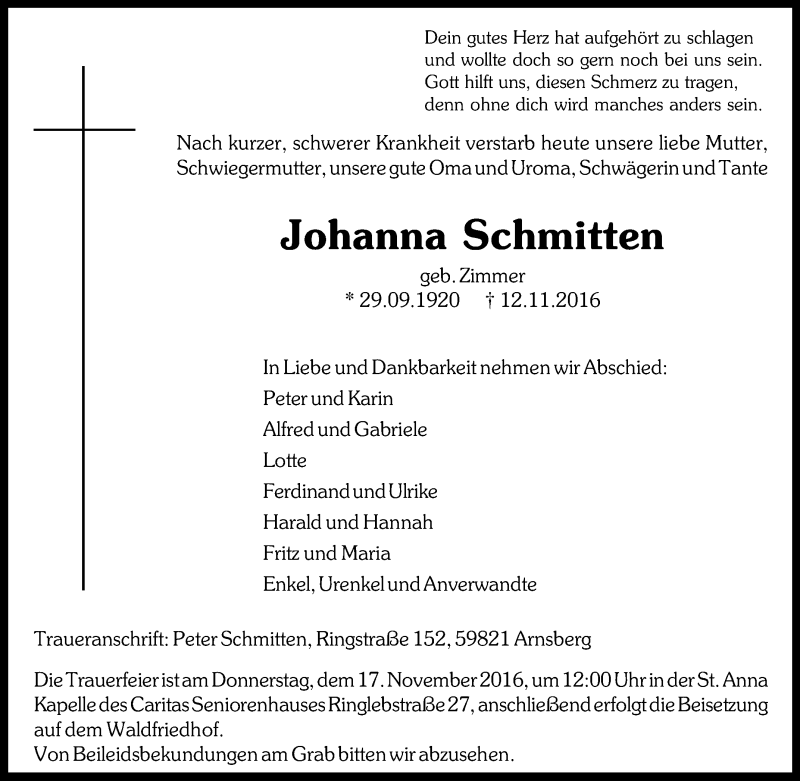  Traueranzeige für Johanna Schmitten vom 14.11.2016 aus Tageszeitung