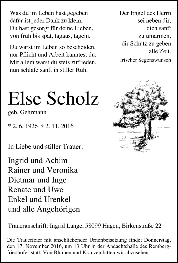  Traueranzeige für Else Scholz vom 09.11.2016 aus Tageszeitung