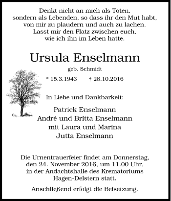 Traueranzeige von Ursula Enselmann von Tageszeitung