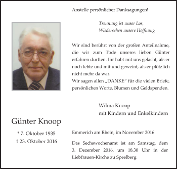 Traueranzeige von Günter Knoop von Tageszeitung