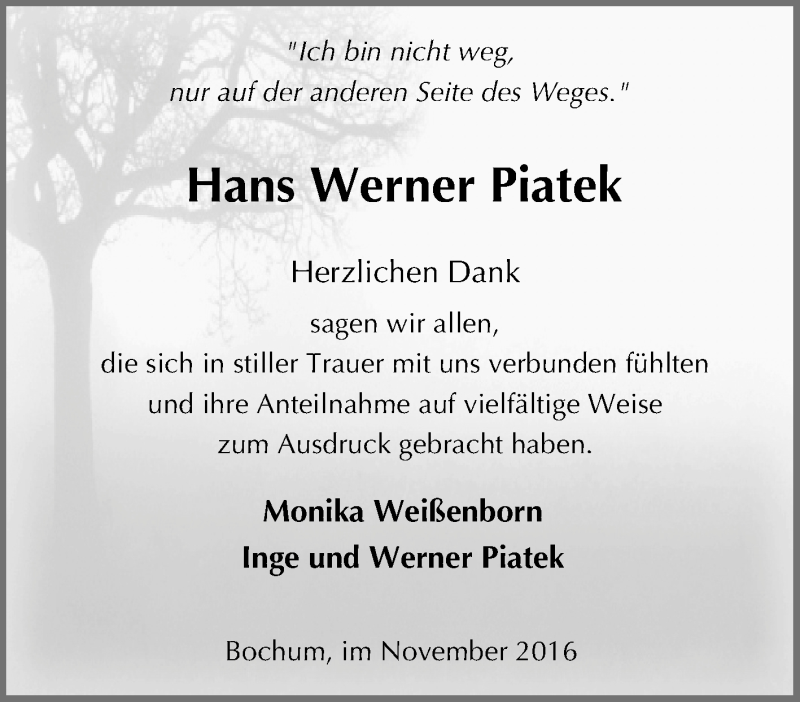  Traueranzeige für Hans Werner Piatek vom 05.11.2016 aus Tageszeitung