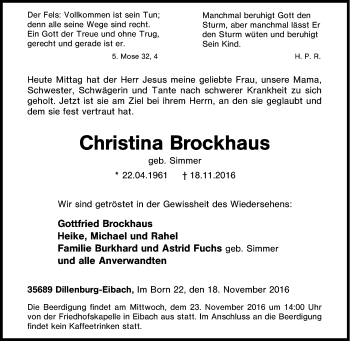 Traueranzeige von Christina Brockhaus von Tageszeitung
