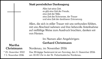 Traueranzeige von Martha Christmann von Tageszeitung