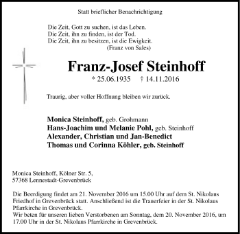 Traueranzeige von Franz-Josef Steinhoff von Tageszeitung