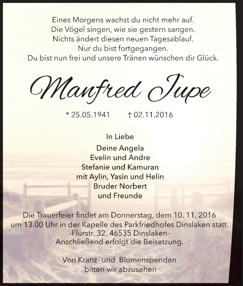  Traueranzeige für Manfred Jupe vom 05.11.2016 aus Tageszeitung