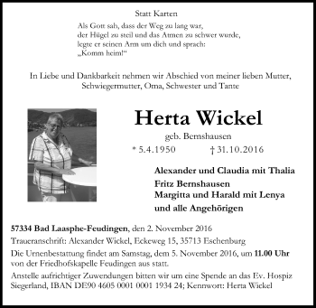 Traueranzeige von Herta Wickel von Tageszeitung
