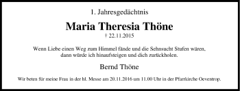 Traueranzeige von Maria Theresia Thöne von Tageszeitung