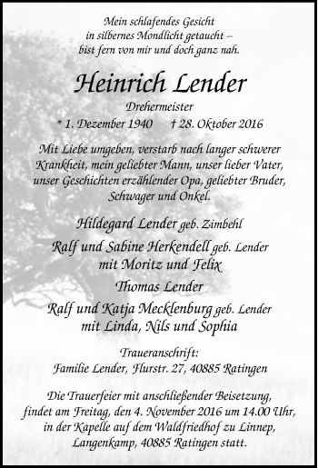 Traueranzeige von Heinrich Lender von Tageszeitung