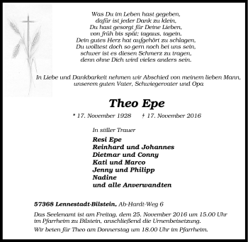 Traueranzeige von Theo Epe von Tageszeitung
