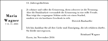 Traueranzeige von Maria Wagner von Tageszeitung
