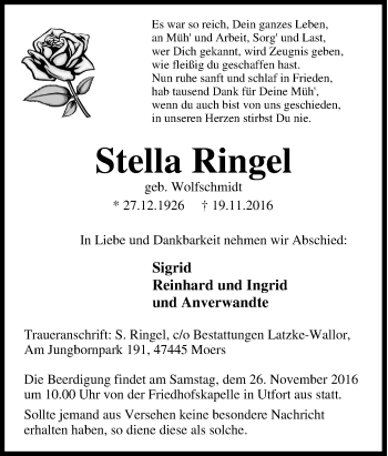 Traueranzeige von Stella Ringel von Tageszeitung