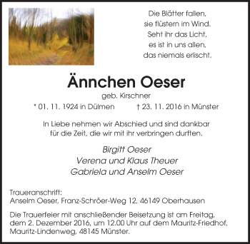 Traueranzeige von Ännchen Oeser von Tageszeitung