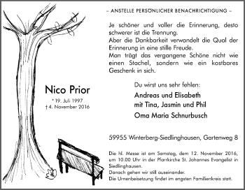 Traueranzeige von Nico Prior von Tageszeitung