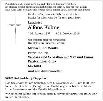 Traueranzeige von Alfons Köhne von Tageszeitung