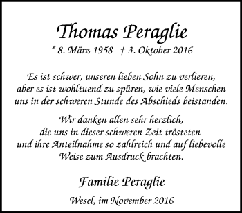 Traueranzeige von Thomas Peraglie von Tageszeitung