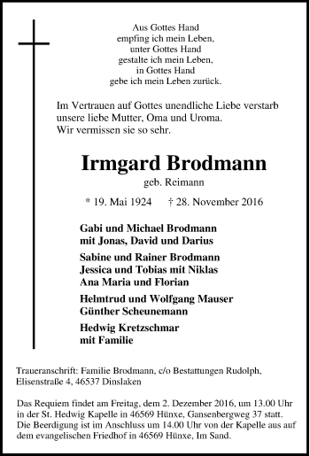 Traueranzeige von Irmgard Brodmann von Tageszeitung