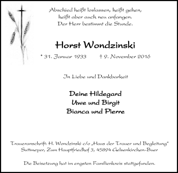 Traueranzeige von Horst Wondzinski von Tageszeitung