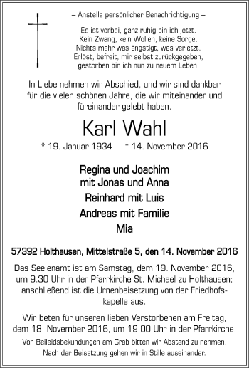 Traueranzeige von Karl Wahl von Tageszeitung