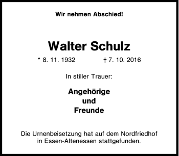 Traueranzeige von Walter Schulz von Tageszeitung