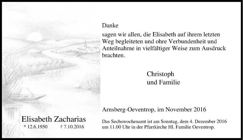  Traueranzeige für Elisabeth Zacharias vom 26.11.2016 aus Tageszeitung