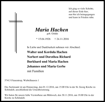 Traueranzeige von Maria Hachen von Tageszeitung