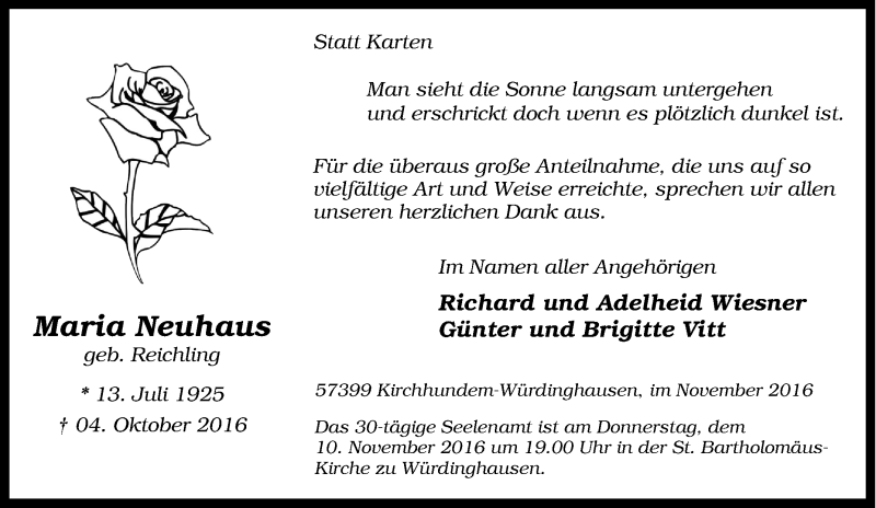 Traueranzeige für Maria Neuhaus vom 05.11.2016 aus Tageszeitung